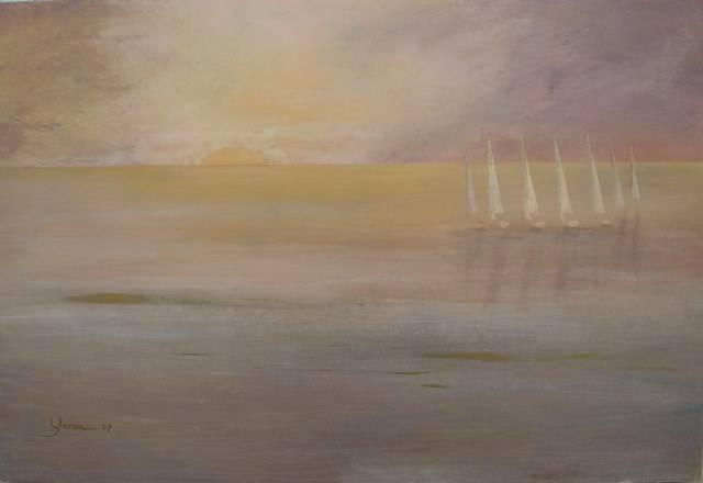 BOATS IN THE MIST 80cm x 70cm Acrylic on canvas